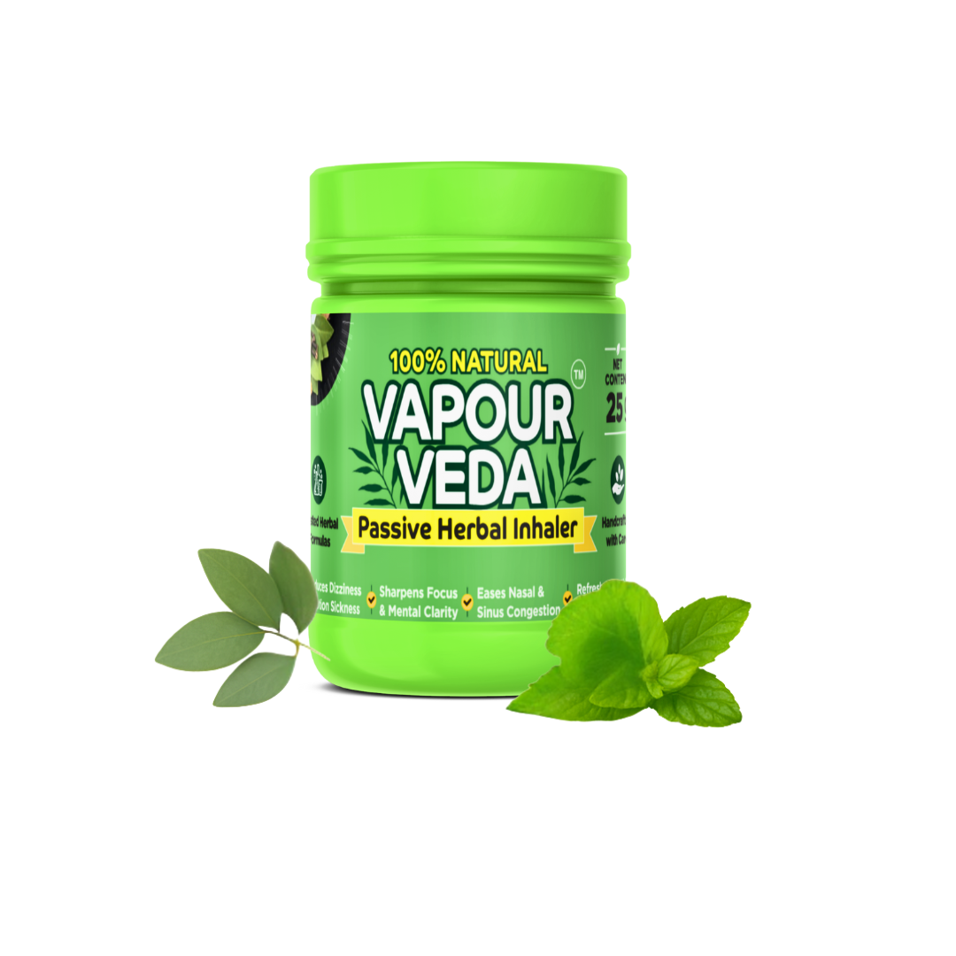 Vapour Veda passive herbal inhaler jar with green leaves on a white background