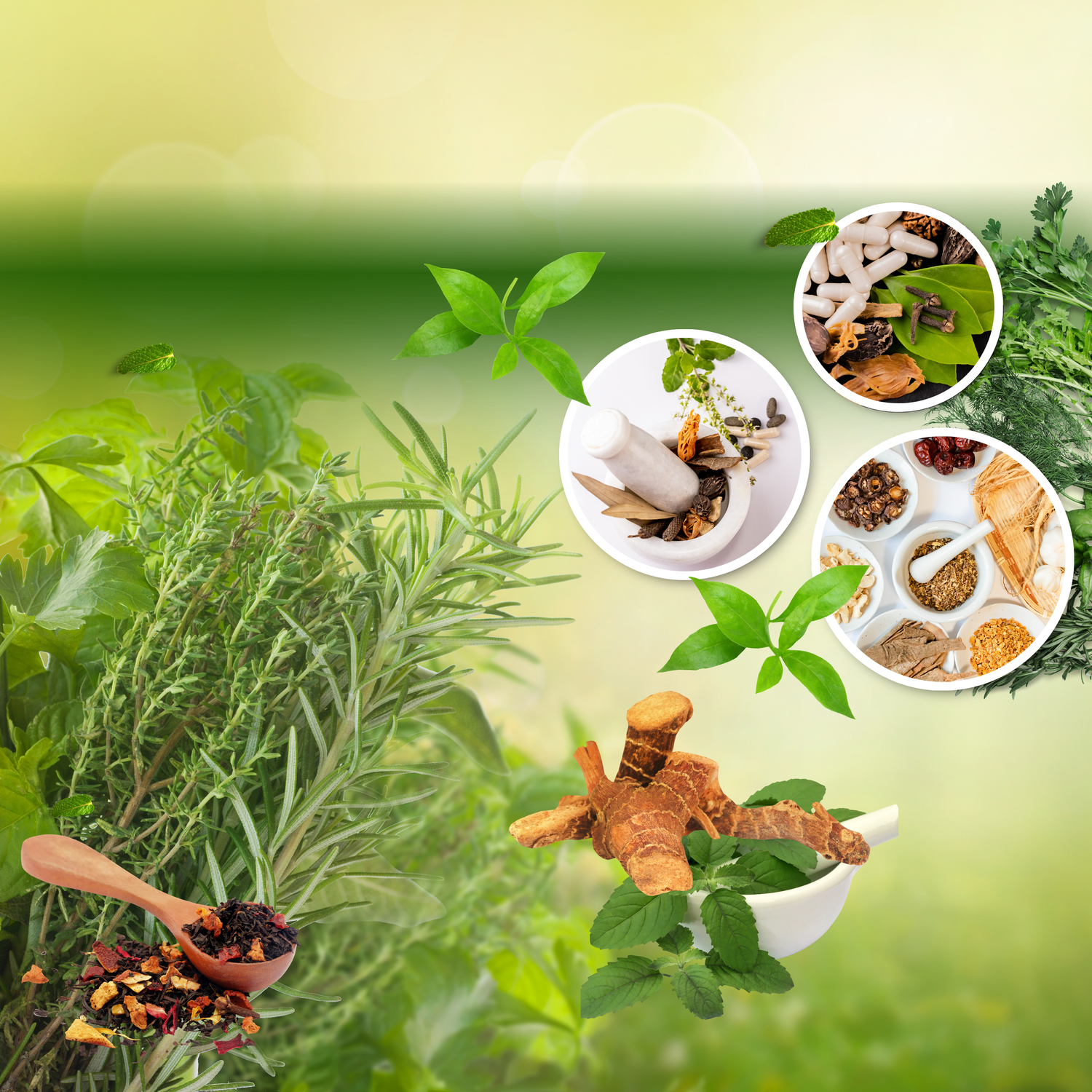 Herbal plants and ingredients on a green background