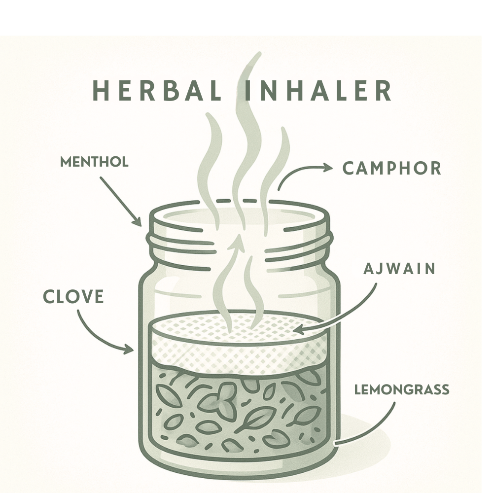 Illustration of vapourveda premium herbal inhaler with labeled ingredients on a white background.