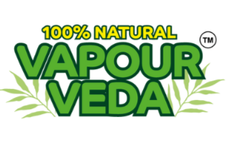 Vapour Veda logo with green text and leaves on a white background