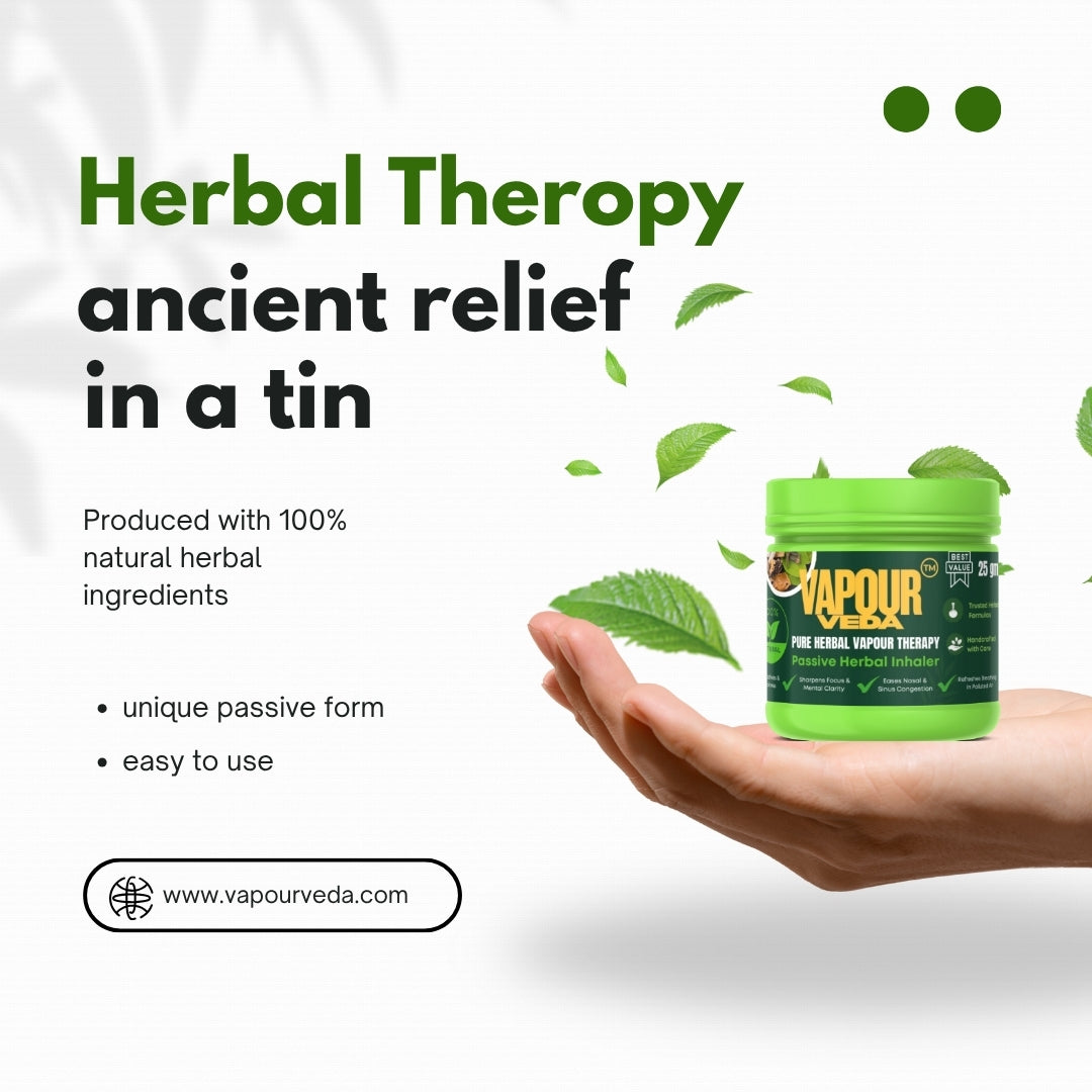 Vapour Pure Herbal Vapour Therapy product held in a hand with text about herbal therapy on a white background