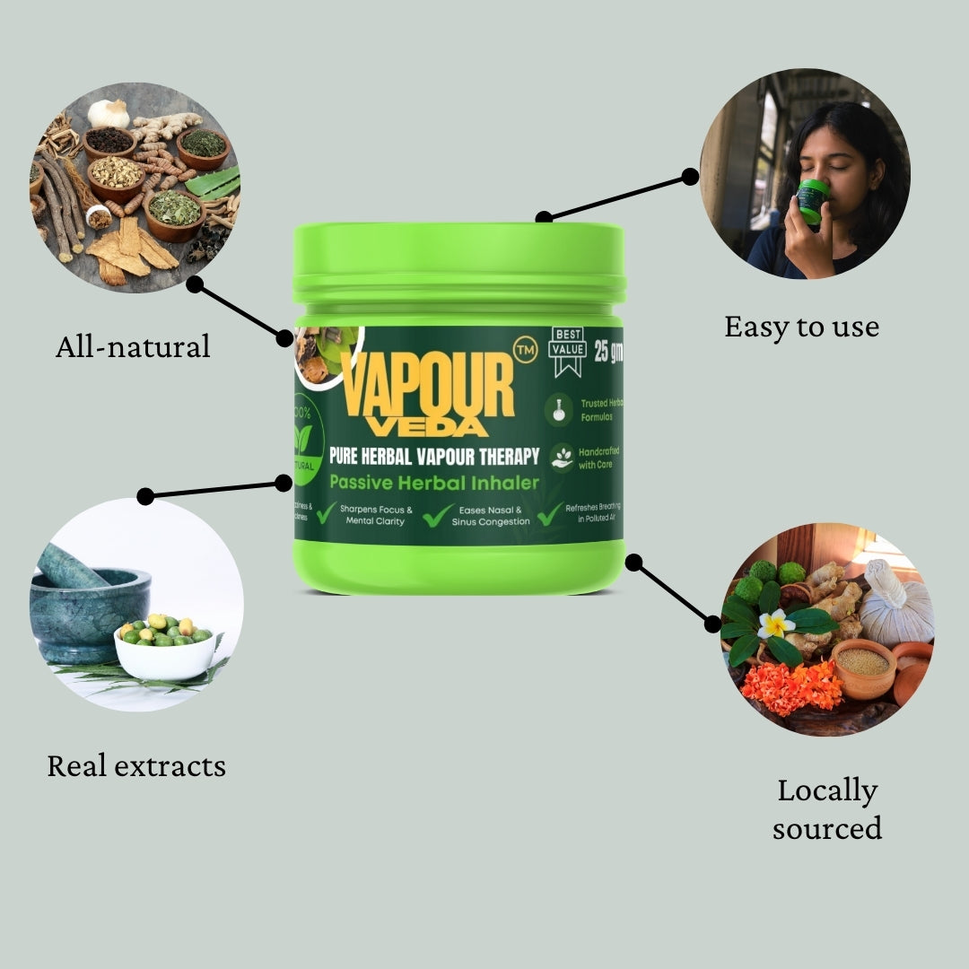 Green jar of Vapour Veda with features highlighted on a light gray background