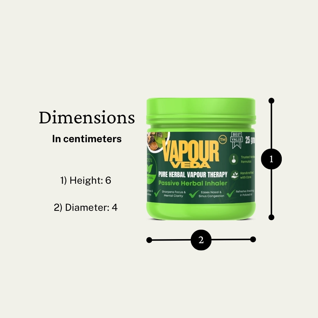 Green container with 'Vapour Veda' branding and dimensions displayed on a white background