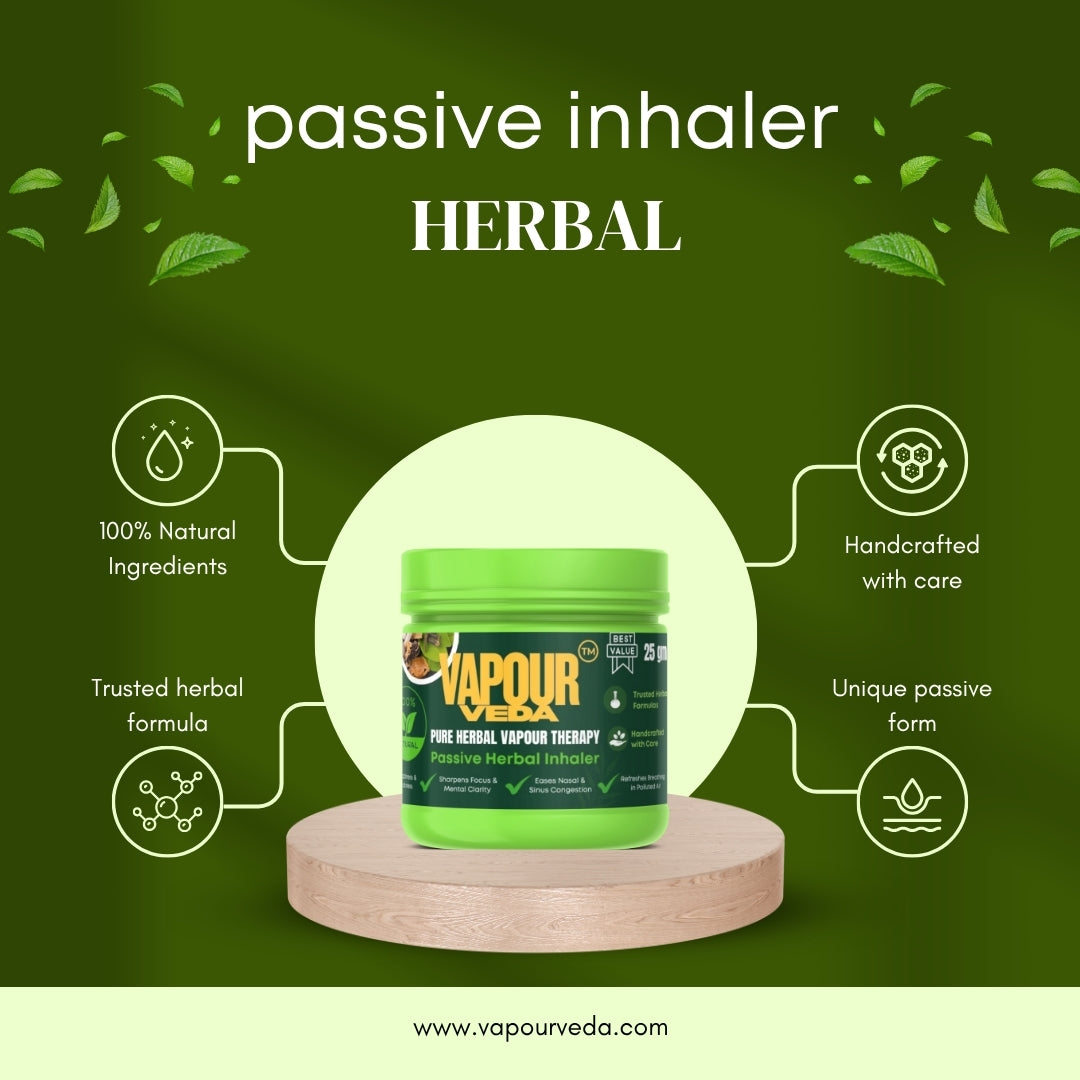 Vapour Veda passive herbal inhaler on a green background with product features highlighted.