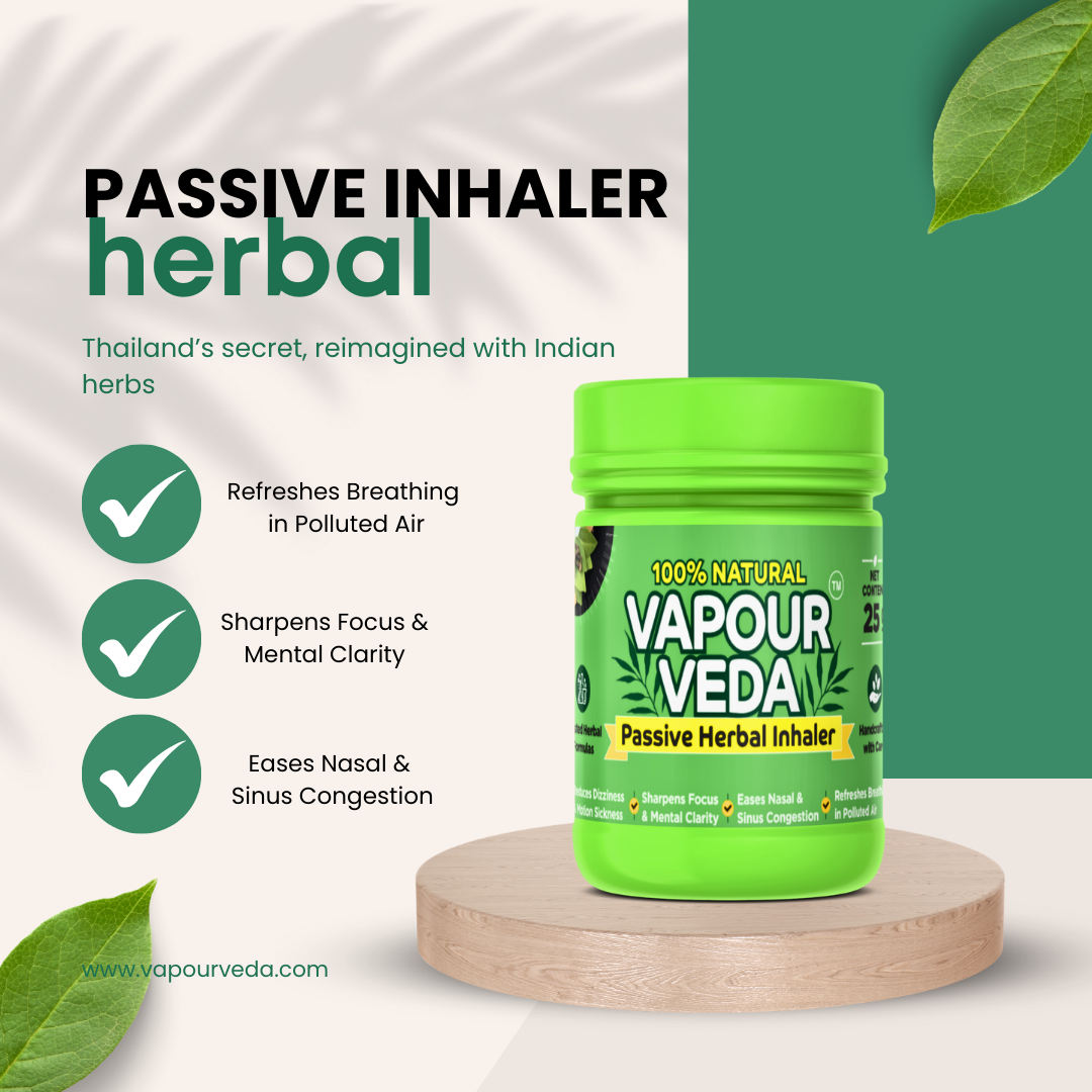 Vapour Veda passive herbal inhaler on a wooden platform with green leaves, against a white and green background.