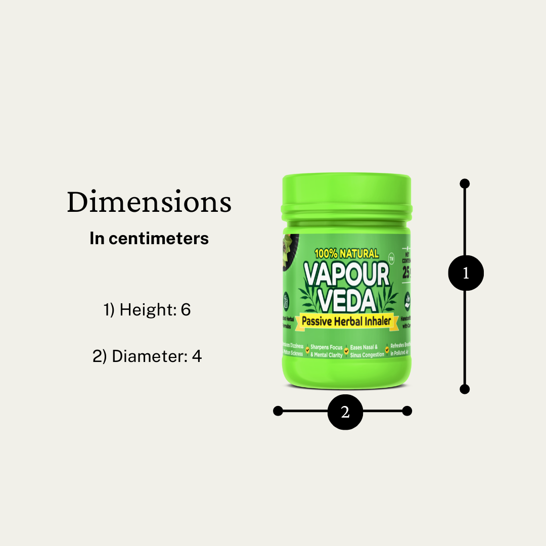 Vapour Veda passive herbal inhaler with dimensions on a light gray background