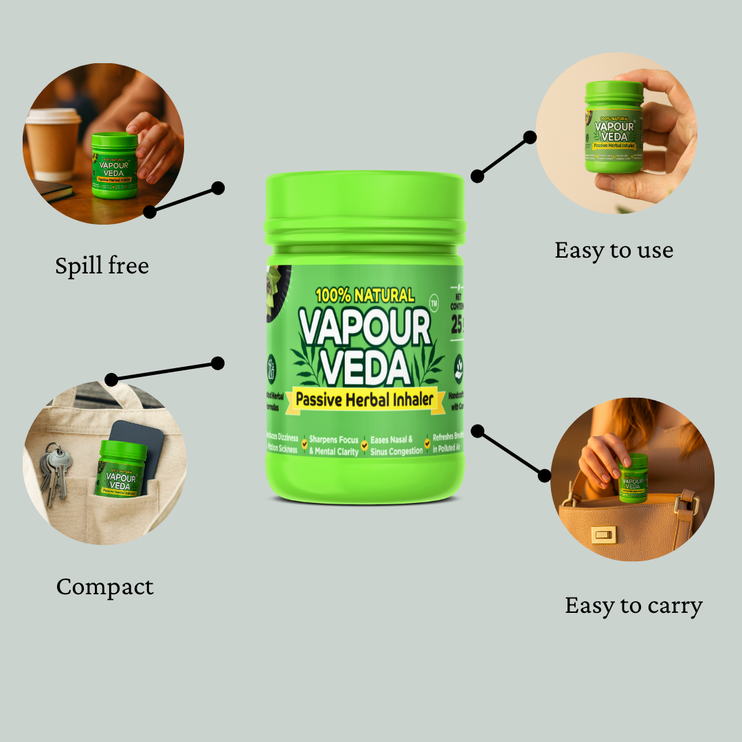 Vapour Veda passive herbal inhaler with features highlighted on a gray background