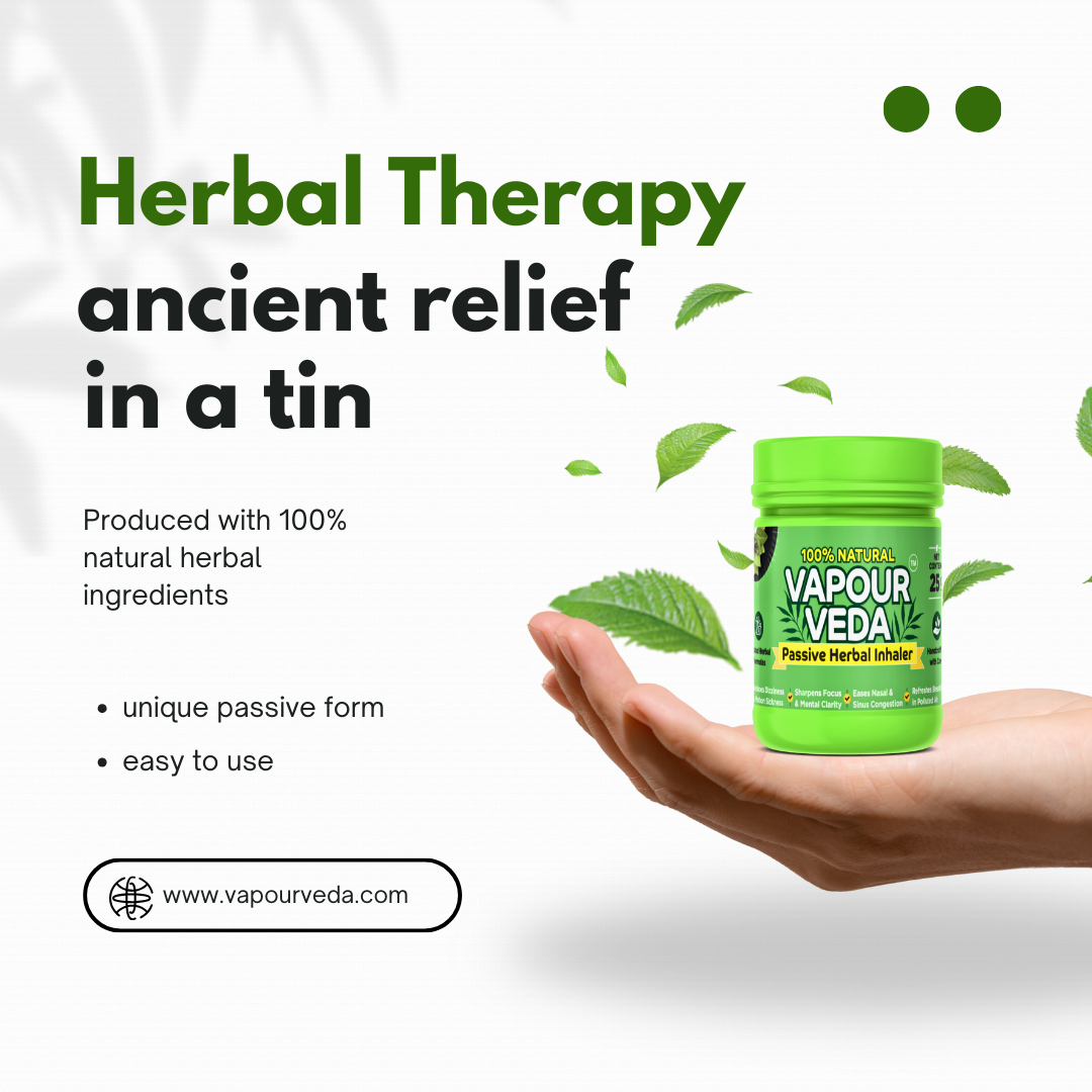 Vapour Veda herbal therapy product held in a hand with text about natural ingredients and ease of use.