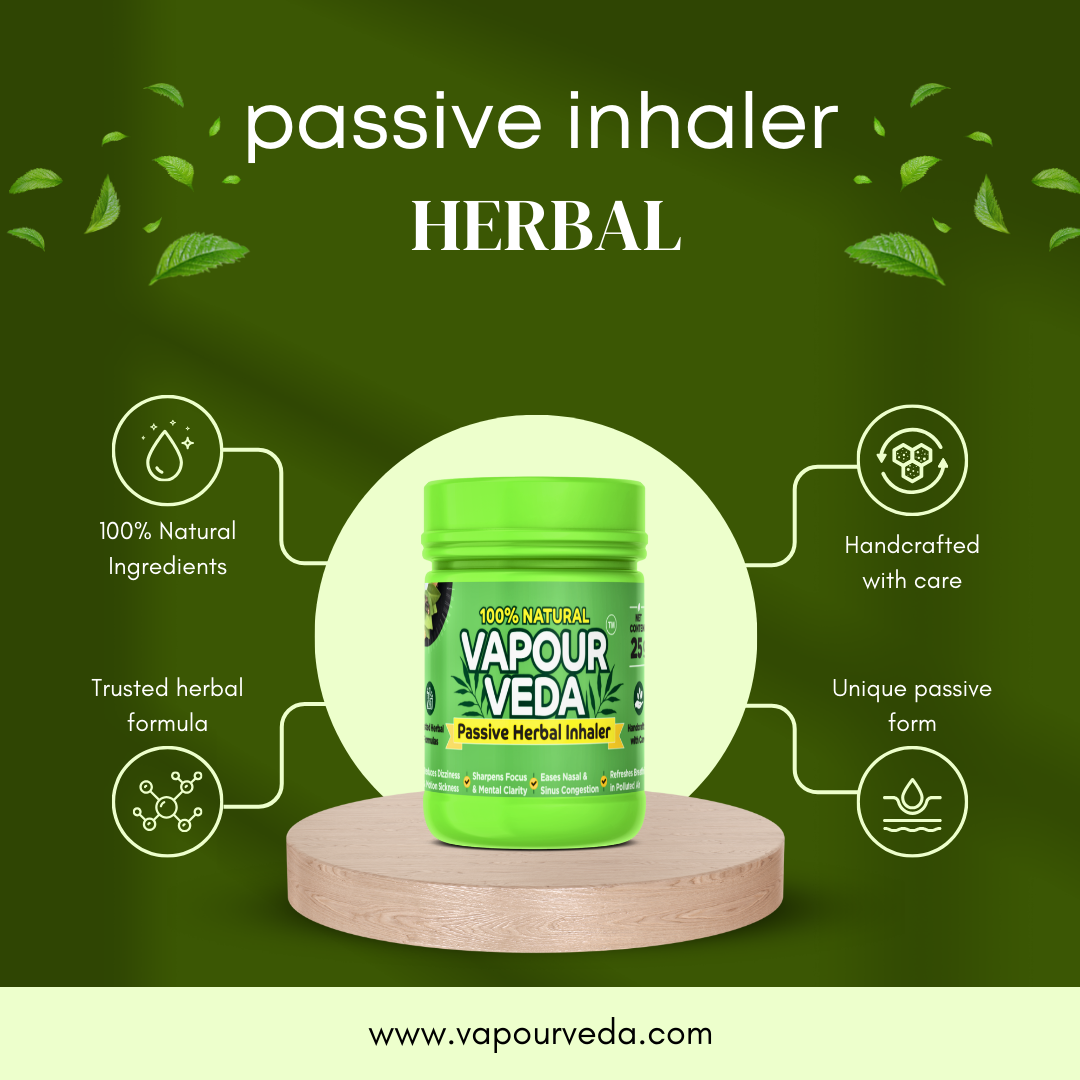 Vapour Veda passive herbal inhaler on a green background with product features highlighted.