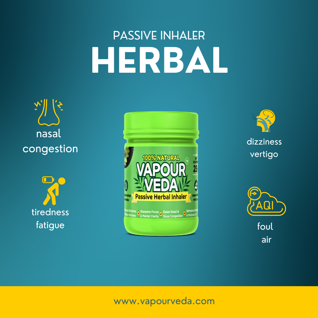 Vapour Veda passive herbal inhaler on a blue background with icons and text.